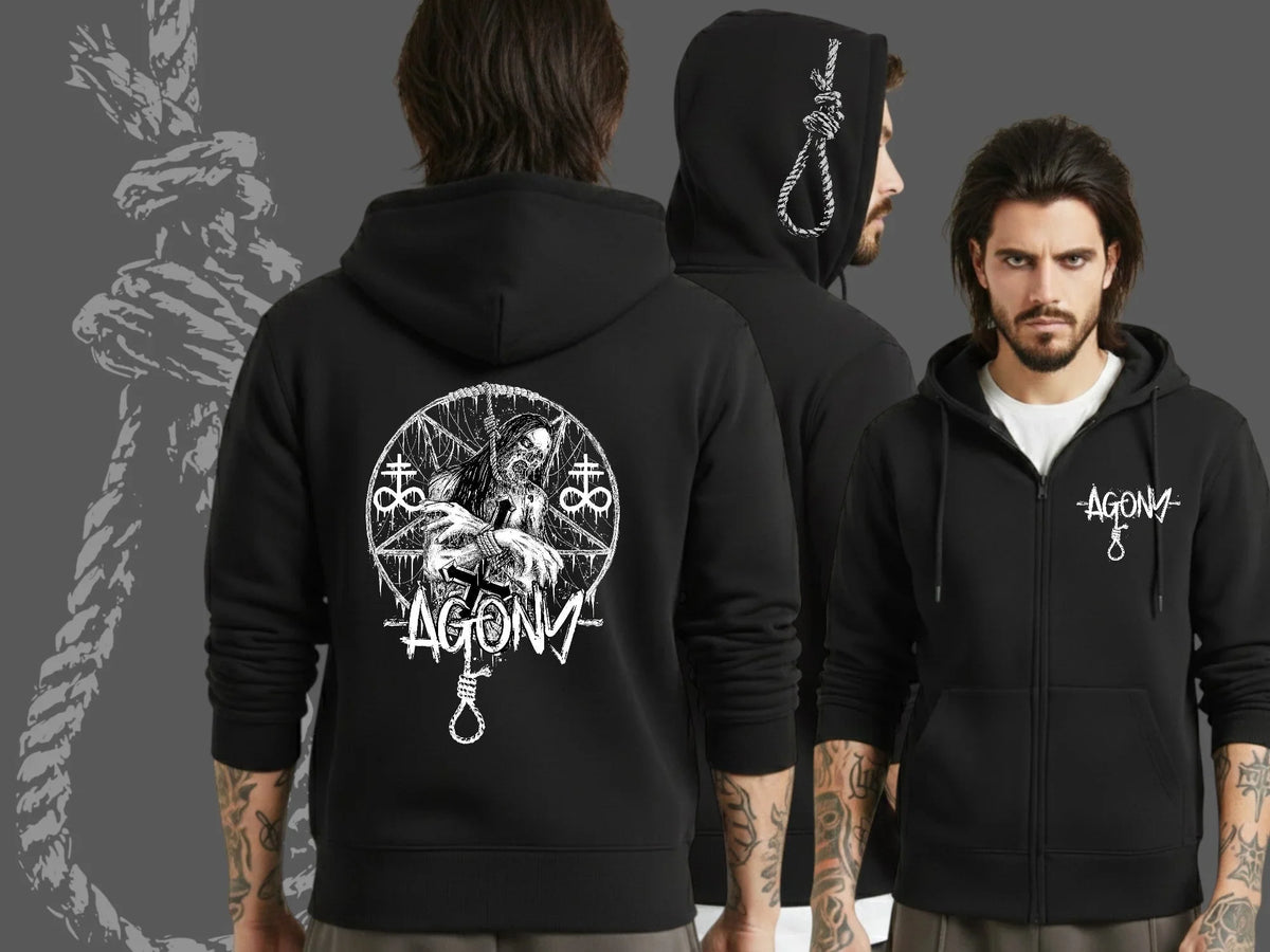 Sweat à capuche noir Agony Clothing, motifs occultes et graphique sombre, streetwear alternatif