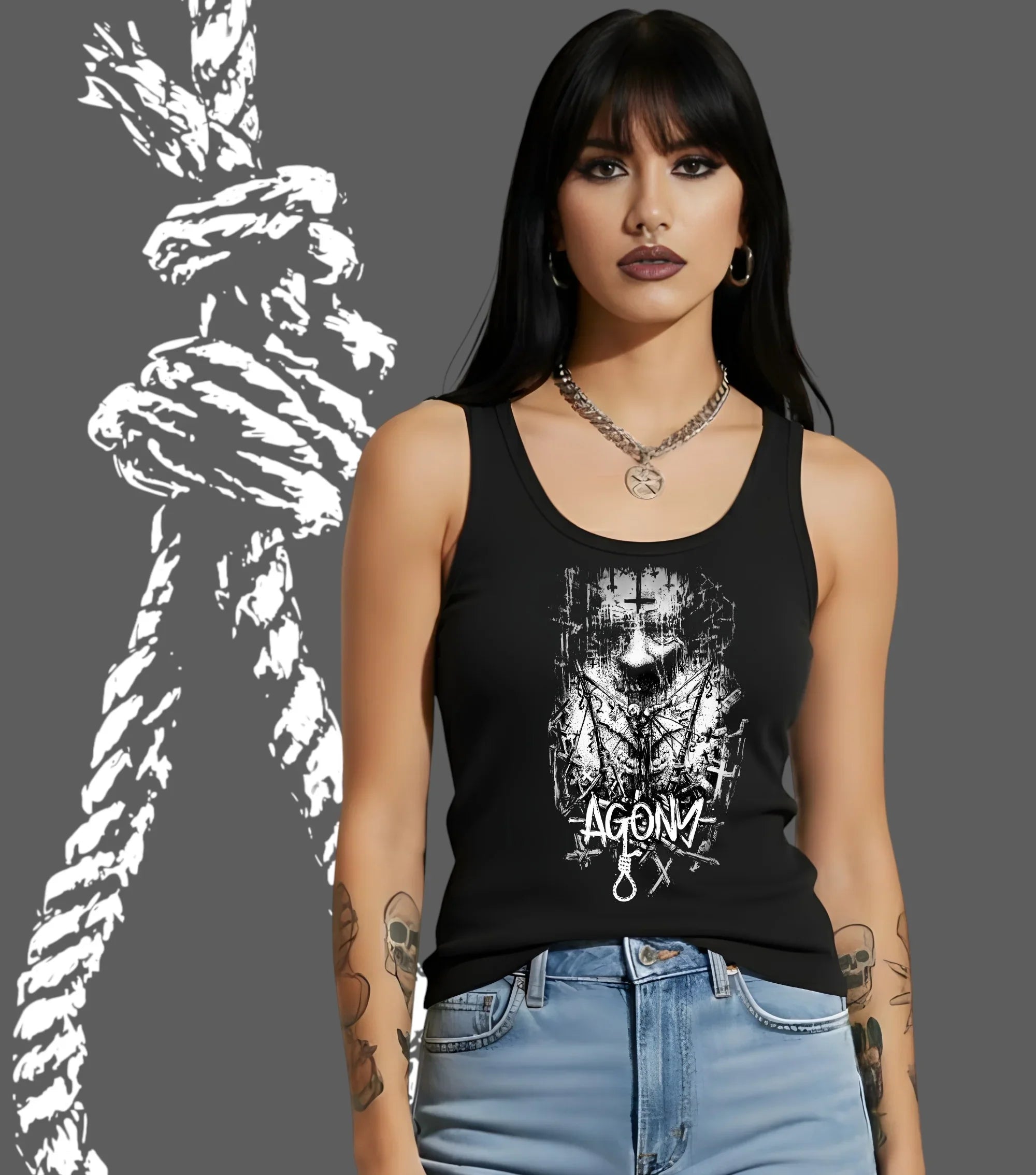 Jeune femme gothique portant un débardeur Agony Clothing à motif occult streetwear sombre.