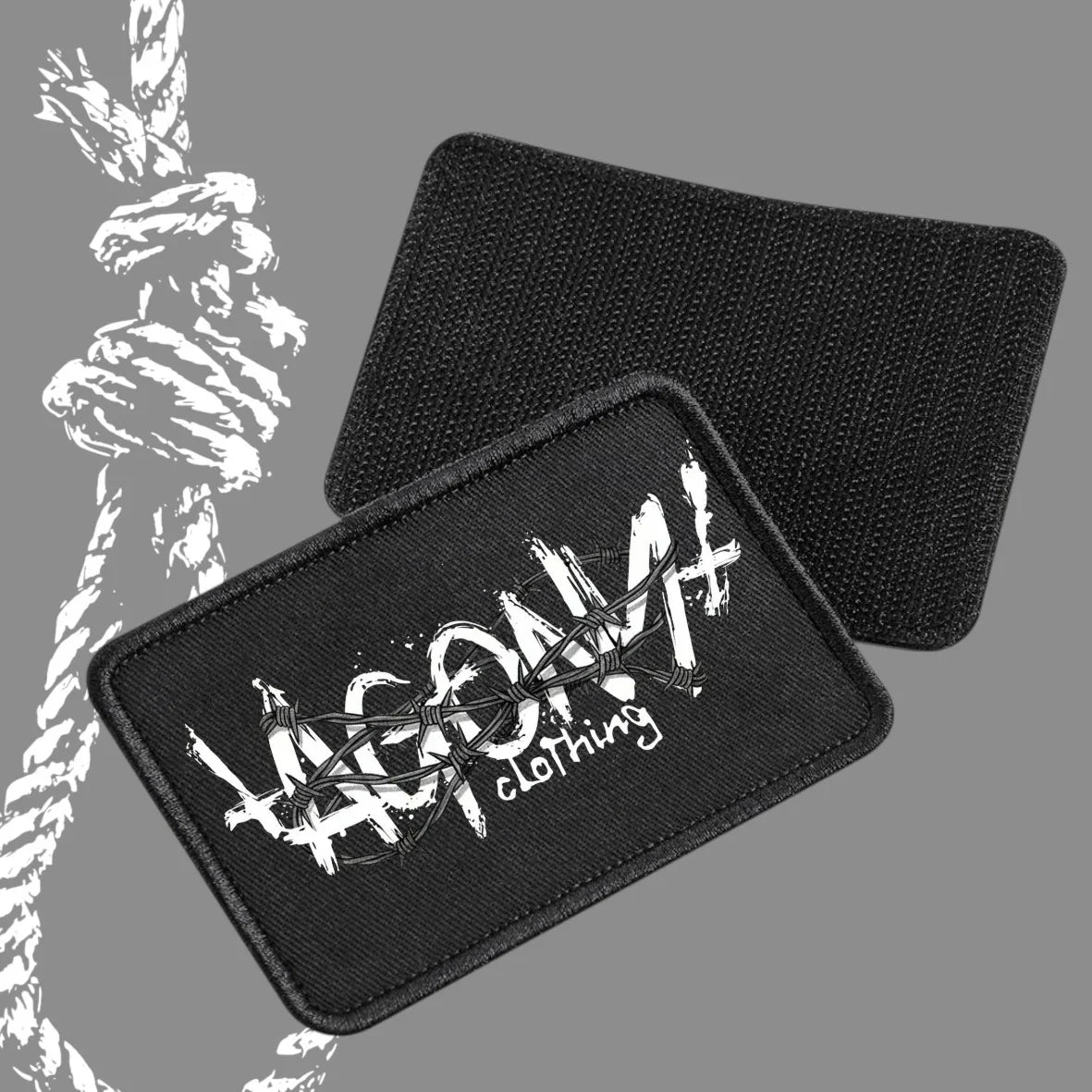 Patch Agony Clothing noir, design streetwear alternatif, logo blanc avec barbelé, fond gris corde