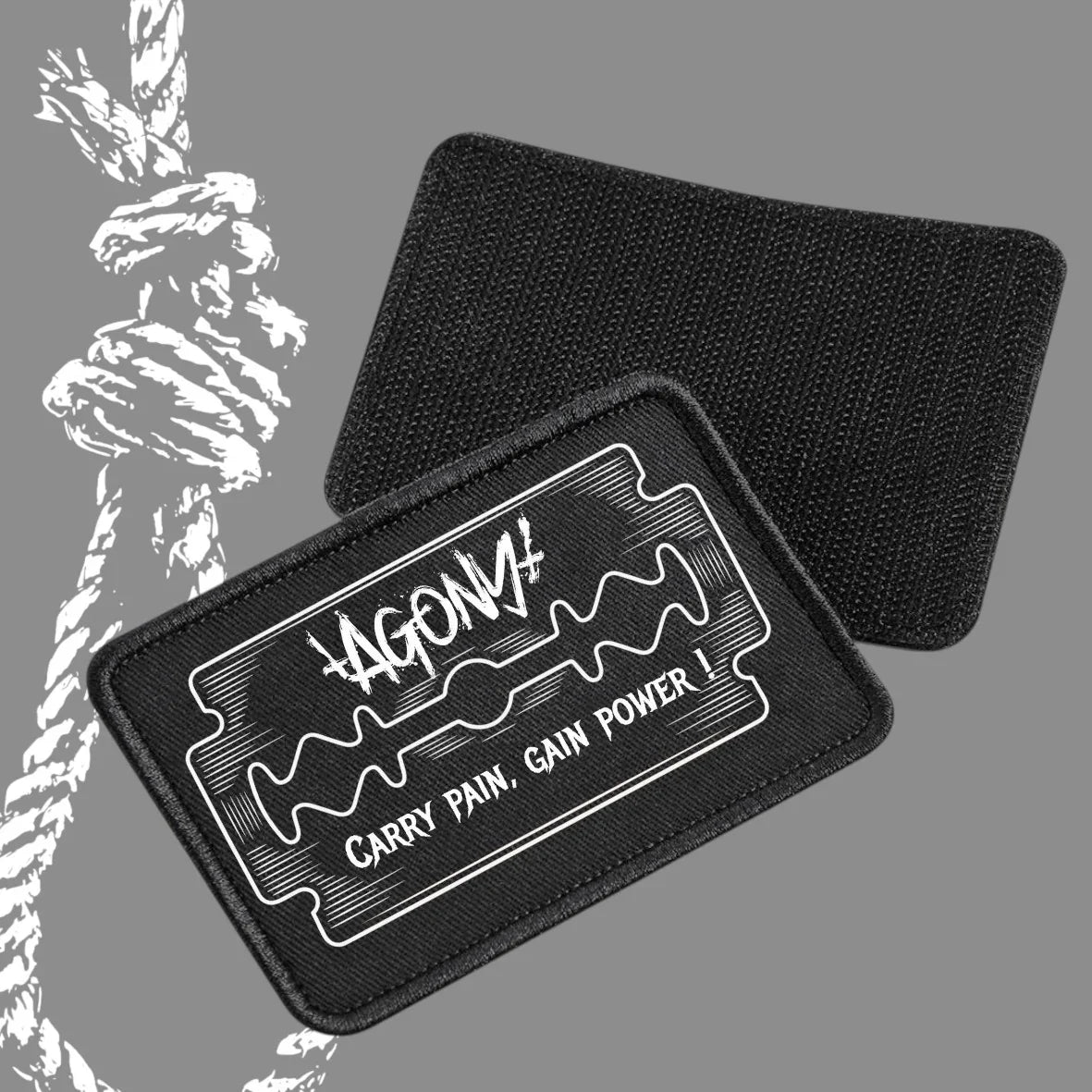 Patch Agony Clothing noir, motif lame de rasoir, slogan "Carry Pain, Gain Power", style alternatif