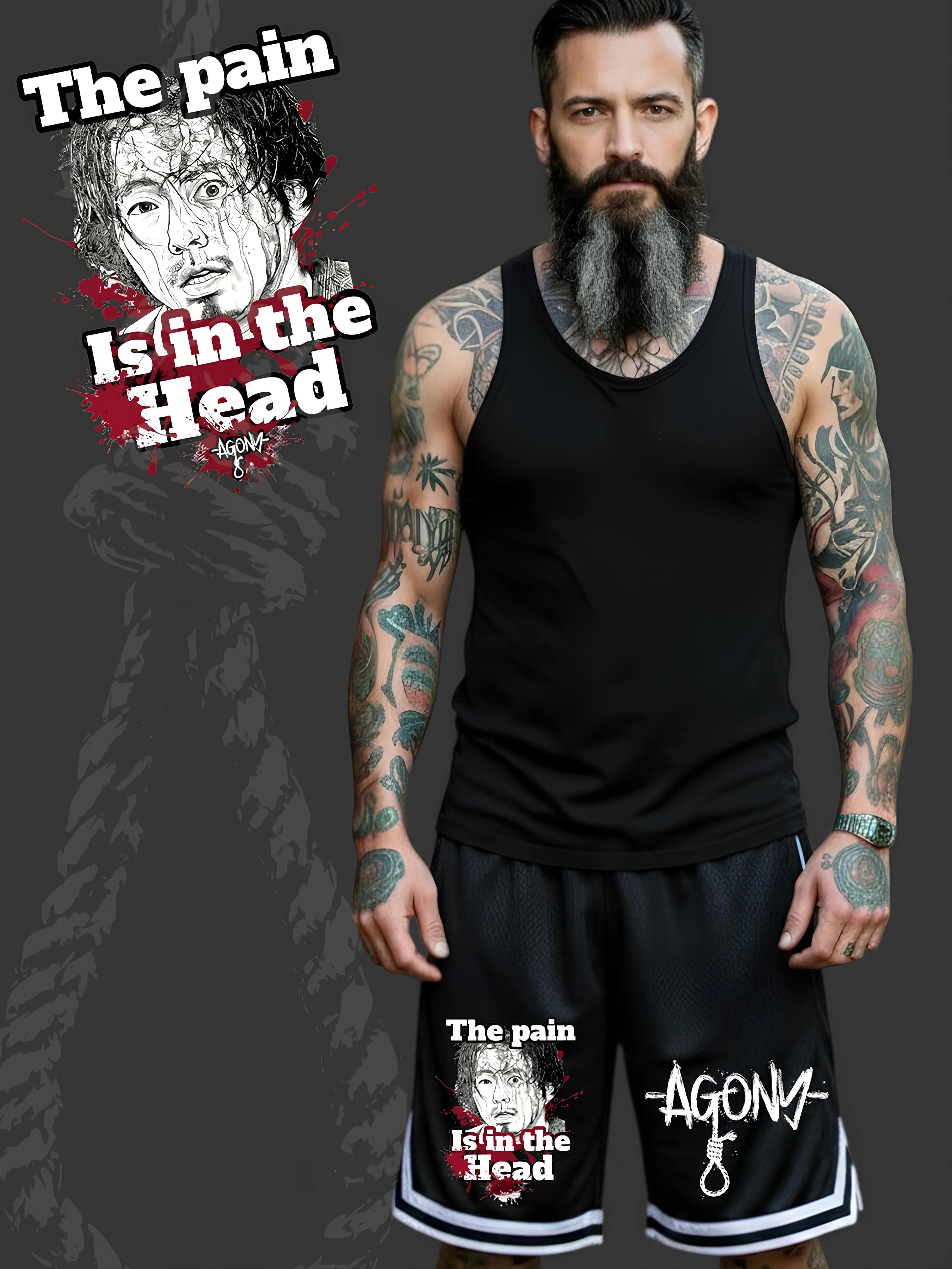 Homme tatoué portant un short Agony Clothing avec motif graphique sombre et texte « The pain is in the head ».