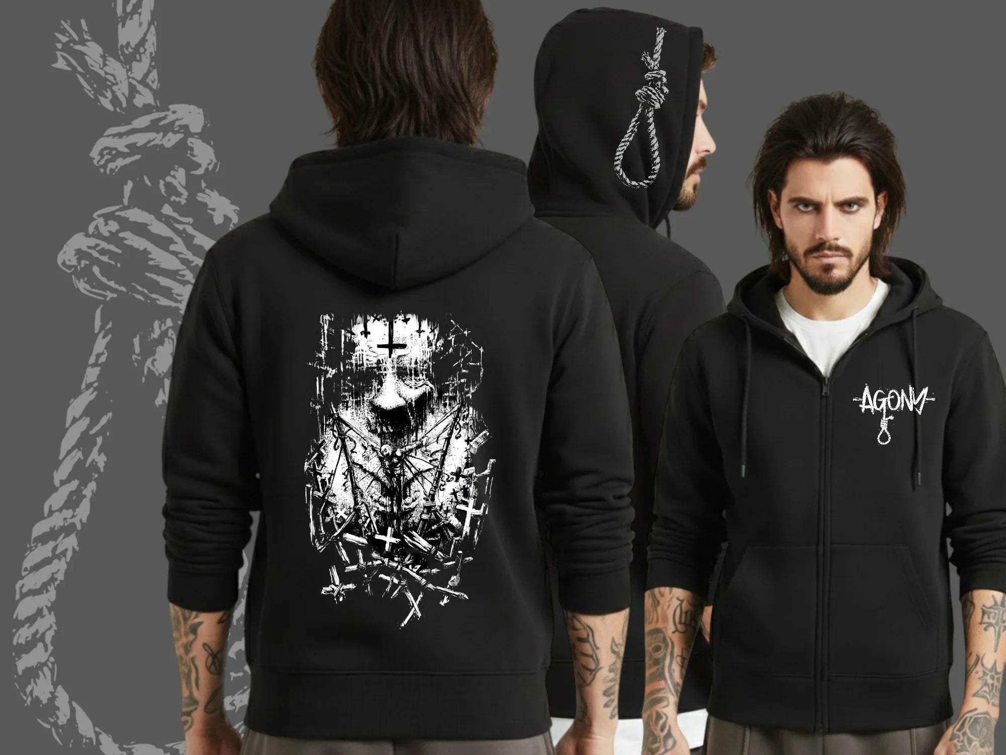 Sweat à capuche noir Agony Clothing avec motif sombre, croix et corde, style alternatif et occulte